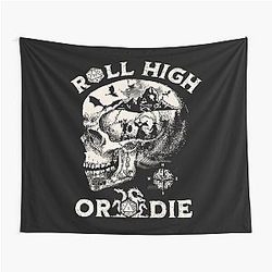 Dungeons and Dragons: Roll High or Die. Party fights dragons in a skull scene tapestry.
