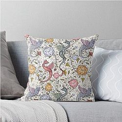 Vintage Medieval Dragon and D20 Dice, Dnd Floral Blue Yellow Pic Varied Throw Pillow