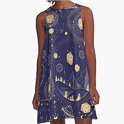 DND Celestial Dice Pattern Night Sky A-Line Dress