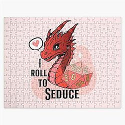 D&D Dragon: I Roll to Seduce, Cute Red Dragon and Pink Dice for Valentine's Jigsaw Puzzle