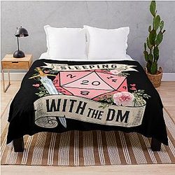 SLEEPING WITH THE DUNGEON MASTER: D20 dnd dice with flowers and sword Throw Blanket