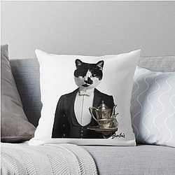 Elegant Manx Cat inspired by Downton Abbey Black Bobtail Kitty Throw Pillow