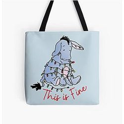 Christmas Spirit Funny Classic Winnie The Pooh Eeyore This is Fine All Over Print Tote Bag