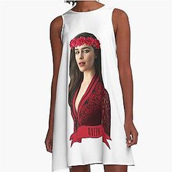 Emilia Clarke wearing a red flower crown Aline dress