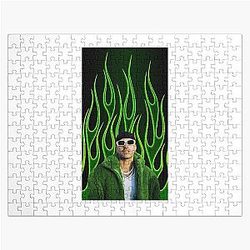 Feid Neon Green Flames Urban Latin Aesthetic Design Jigsaw Puzzle