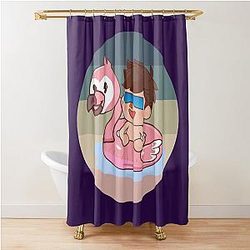 Flamingo Plush face vintage background, flamingo life saving buoy, summer time pool, sun glasses, funny cute flamingo, swimming Shower Curtain