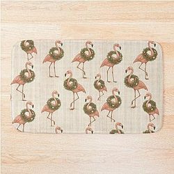 Christmas Flamingo Wreath Pattern Vintage Holiday Flamingo Art Bath Mat