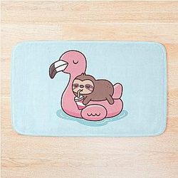 Cute little sloth chilling on flamingo pool float bath mat