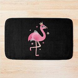 Pink flamingo with crown and stars bathroom mat