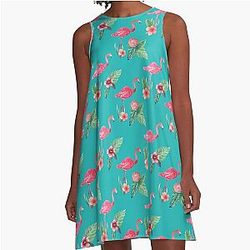 Pink Flamingo watercolor tropical garden in teal watercolor A-Line Dress