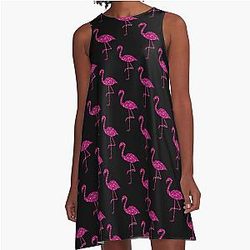 Flamingo Pink A-Line Dress with Faux Sparkles and Black Pattern