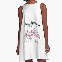 Tropical Christmas Flamingos A-Line Glitter Calligraphy Dress