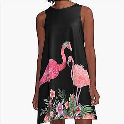 Flamingo with Tropical Flowers by Magenta Rose A-Line Dress