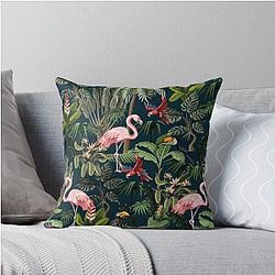 Jungle pattern with toucan, flamingo and parrot throw pillow