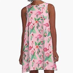 Pink Flamingo in Santa Hat with candy cane, holly, and exotic flowers in watercolor A-Line Dress