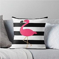 Black and White Striped Pink Flamingo Throw Pillow