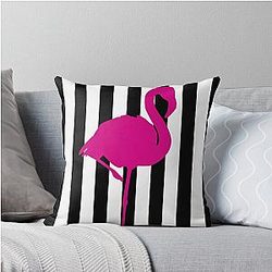 Hot Pink Flamingo on Black Stripe Throw Pillow