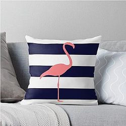 Tropical Pink Flamingo on Navy Blue and White Stripes Throw Pillow