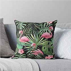 Palm Leaf with Flamingo Pattern Throw Pillow