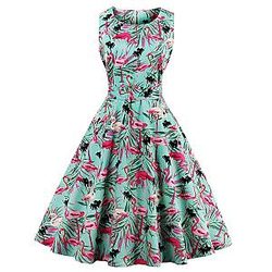 Women's Tropical Leaf Flamingo 1950s Vintage Swing Dress