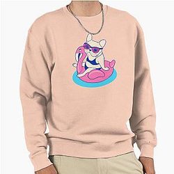 Frenchie enjoys Summer on Flamingo Pool Float in swimming pool Pullover Sweatshirt