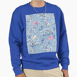 Flamingo, Swan, Midnight Garden, Paradise, Forest, Toile de Jouy, Botanical, Chinoiserie, Blue and White, Birds, Toucan, Love, Dark Pullover Sweatshirt