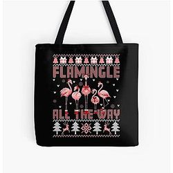Pink All Over Print Flamingos Holiday Tote Bag