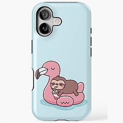 Cute Little Sloth Chilling on Flamingo Pool Float Tough Case