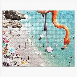 Flamingos on the Beach, Wildlife Birds, Nature Fantasy Beach Summer Photography Jigsaw Puzzle