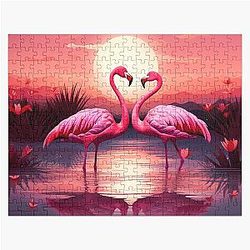 Romantic Flamingos at Sunset in Dreamy Pink Landscape Jigsaw Puzzle