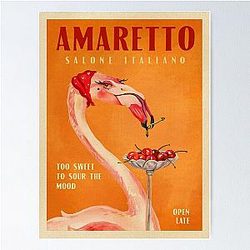 Vintage Art Deco Amaretto Poster. Cool Liqueur Print of a Flamingo Eating a Cherry and Tying a Knot. Retro Wall Art