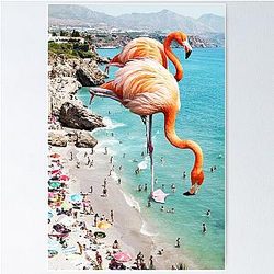 Flamingos on the Beach, Wildlife Nature Flamingo Fantasy Beach Summer Photography Poster