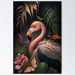 Flamingo and tropical rose blossoms palm leaves and a butterfly Poster