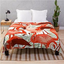 Orange and Japanese Pink Flamingo Tropical Pattern Throw Blanket