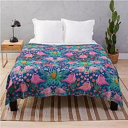 Flamingo watercolor pink Paradise throw blanket with hibiscus flowers and palm leaves