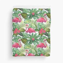 Tropical Exotic Seamless Pattern with Pink Flamingos on White Background Duvet Cover