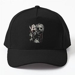 Freddy vs Jason scratches a baseball cap.
