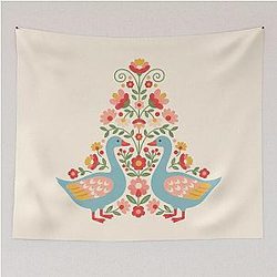 Flower Patterned Blue Geese in Decorative Motifs – Scandinavian Folk Art by Heidi Anne Morris Tapestry