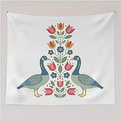 Two Geese with Floral Motifs - Scandinavian Folk Art by Heidi Morris Tapestry