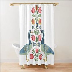 Two Geese with Floral Motifs Scandinavian Folk Art by Heidi Anne Morris Shower Curtain