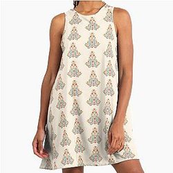 Flower Patterned Blue Geese in Decorative Motifs Scandinavian Folk Art by Heidi Anne Morris A Line Dress
