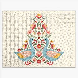 Flower Patterned Blue Geese in Decorative Motifs - Scandinavian Folk Art by Heidi Morris Jigsaw Puzzle