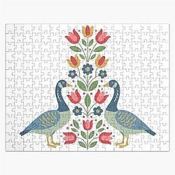 Two Geese with Floral Motifs – Scandinavian Folk Art by Heidi Morris Jigsaw Puzzle