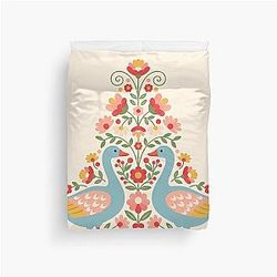 Flower Patterned Blue Geese in Decorative Motifs - Scandinavian Folk Art by Heidi Morris Duvet Cover