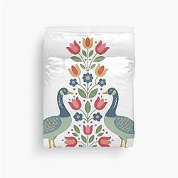 Two Geese with Floral Motifs - Scandinavian Folk Art by Heidi Morris Duvet Cover