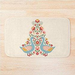 Flower Patterned Blue Geese in Decorative Motifs - Scandinavian Folk Art by Heidi Anne Morris Bath Mat