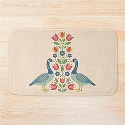 Two Geese with Floral Motifs - Scandinavian Folk Art by Heidi Morris Bath Mat