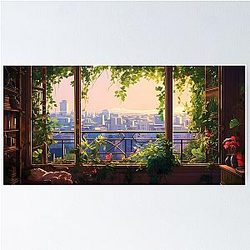 Ghibli-Inspired Illustration of a Sunlit Room with Plants Poster