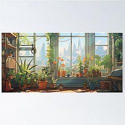 Amazing Ghibli-Style Illustration with Windows and Plant Poster