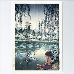Spirited Away Poster – Chihiro and Haku at the Lake in Tsuchiya Temple Scene – Ghibli x Japanese Woodblock Ukiyo-e Print Mashup Poster